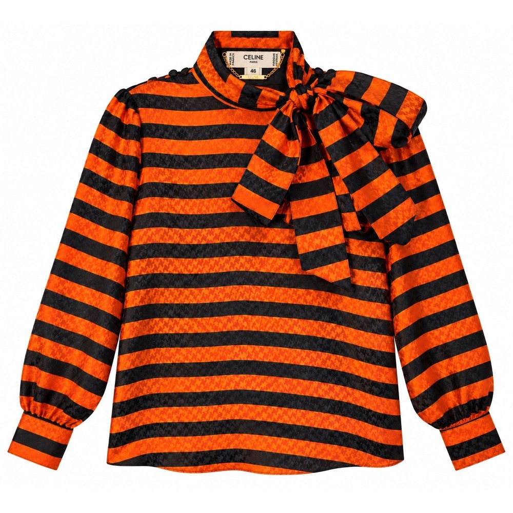 Celine Paris Vintage Silk Blouse Orange Black Striped Houndstooth Bow Top 46